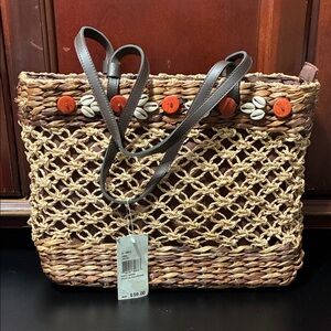 Nine West vintage shell shock Brown Woven Tote Bag with Leather Straps